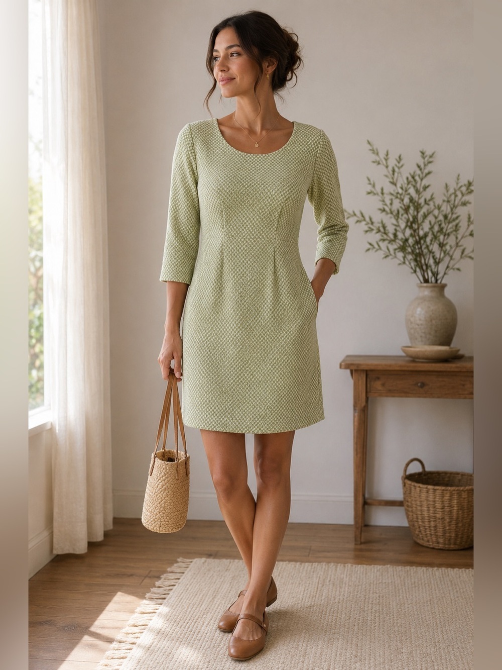 Handmade Green Geometric Textured Tunic Size S XS Boho Cottagecore Minimalist